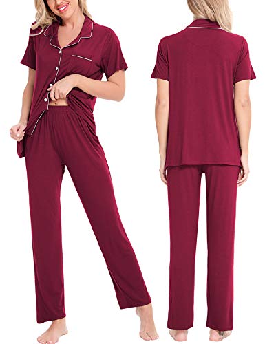 Image of SWOMOG Women Pajama Sets Two-Piece Nightwear Short Sleeve Sleepwear Button Down Pj Lounge Sets with Long Pants