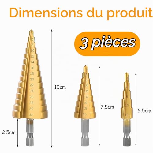 xiluuyou 3PCS Foret Fraise Meche Etage, Foret Etagé HSS en Titane, Triangle Conique, avec Tige Hexagone pour Visseuse Percage sur Acier, Laiton, Bois, Plastique, 4-12/20/32mm – vue 2