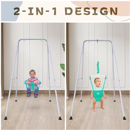 2 in 1 Baby Jumper with Swing - Indoor and Outdoor Use, Baby Jumpers and Bouncers, Toddler Swing with Foldable Stand(Mint Green)