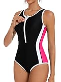 ATTRACO One Piece Swimsuit Women Zip Up Bathing Suits Ladies Swimsuits Training Swimwear Black L