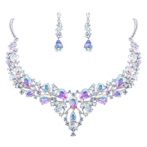 BiBeary Damen Hochzeit Schmuck Set Braut Miraculous Halskette Ohrhänger Tropfen Kristall