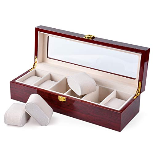 Karamanda 6 Wide Slots Wooden Paint Watch Box, Cherry-red Watch Storage Organizer with Glass Top and Locking Clasp for Women Men's Christmas Gift