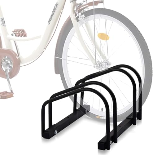 Image of India Heavy-Duty 2-Bike Floor Mount Bicycle Parking Stand | Black Staggered Space-Saving Cycle Storage Rack | Dual Wheel Parking Organizer | Two-Position Bicycle Support for Neat Ground Arrangement