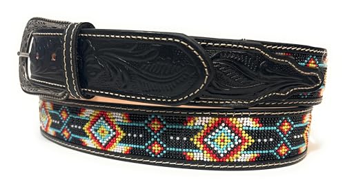 Generic 1 3/4"" Wide Genuine Leather Beaded Western Style Belt, Cowboy Cowgirl Rodeo Beaded Western Belt3