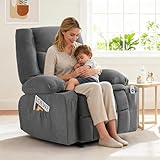 Rocker Recliner Chair with Massage and Heat, Recliner Chair for Adults, Nursery Rocking Chairs for Living Room, Ergonomic Comfy Relining Chair with Cup Holders, USB Charge Port, Side Pockets, Grey
