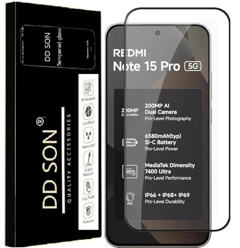 Image of DD SON Premium HD+ Tempered Glass Screen Protector Guard Compatible For Redmi Note 15 Pro 5G (6.83 Inch, Pack of 1) | Edge to Edge Coverage With Easy to installation kit for Smartphone