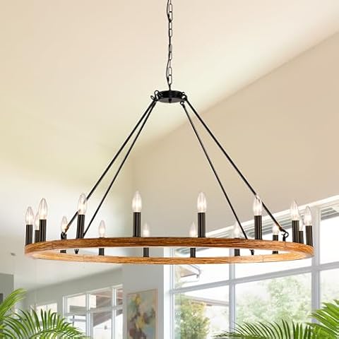Sdorens 16-Light Wagon Wheel Chandelier Farmhouse, 43 Inch Large Chandeliers for High Ceilings, Modern Rustic Farmhouse Chandelier for Dining Room, Living Room, Entryway, Black&Khaki Cover