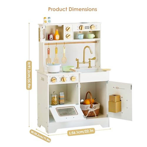 Image of White Wooden Play Kitchen for Kids with Ice Maker, Sink, Stove and Storage | Small Pretend Cooking Set with Oven, Microwave, Utensils and Storage for Montessori Role Play, Ages 3+