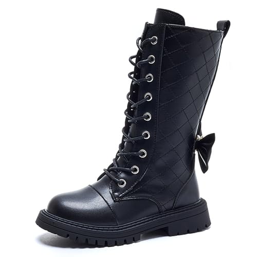 Girls' Leather Lace-Up Knee High Boots With Side Zippers, Comfortable Round Toe, Non-Slip Low Heel Riding Boots, Fashionable Bow Pearl Combat Boots