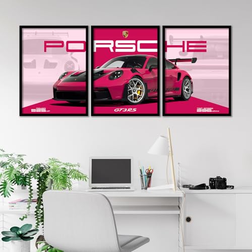 Image of ARTELLY Big Porsche 911 GT3rs Sports Car Framed Wall Posters, Set of 3, Premium Framed Painting, Living Room Bedroom Decoration, Large Size Gift Item for Boys Room Decor (Porsche 3, 19x25 inch)