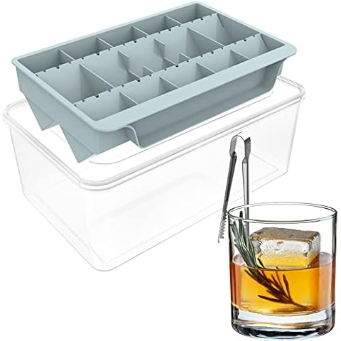Unigul Large Ice Cube Tray With Lid and Bin, 2''Whiskey Ice Mold for Freezer, Square Ice Cube Mold Making 10 PCS Ice Cubes Chilling Cocktail Whiskey Tea Coffee (Blue) Cover