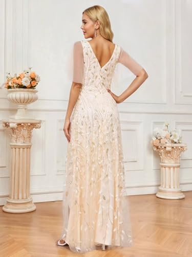 Mother of The Bride Dresses with Sparkly Sequin Tulle V Neck Flutter Sleeve Formal Evening Dress2