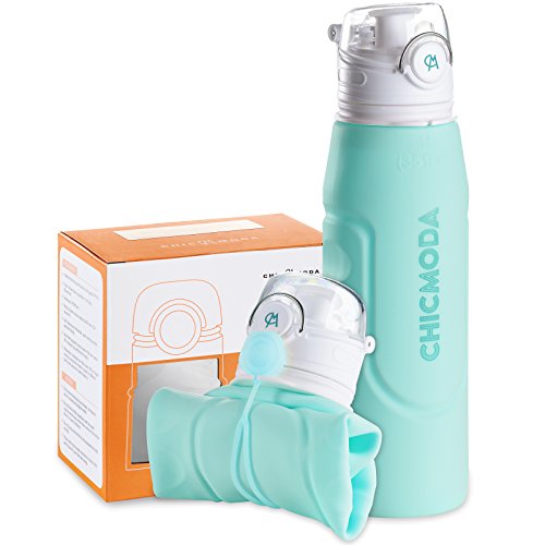 CHICMODA Collapsible Water Bottle, Shockproof Portable Water Bottle with BPA Free,Leak Proof, Wide Mouth, Flip top for Travel Sports and Outdoors,Aqua Blue