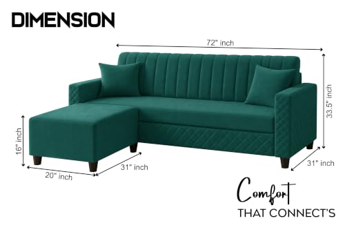Image of L-Shaped 3 Seater Sectional Sofa with Ottoman | Modern Upholstered Couch | Vertical Channel Tufted Backrest | Diamond Quilted Arms & Base | Comfortable Living Room Furniture - Green