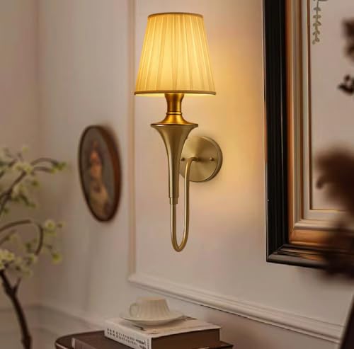 Image of Groeien Fabric Shade Contemporary Brass Finish Wall Lamp for Bedroom, Livingroom, Indoor(Bulb is Included)(Fabric-White Shade, 1)