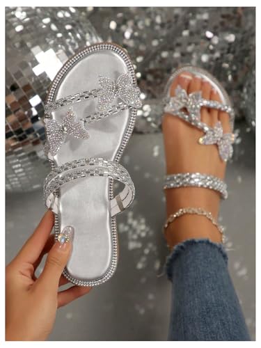 Image of OYOANGLE Women's Silver Rhinestone Sandals Sparkly Dressy Flat Sandals
