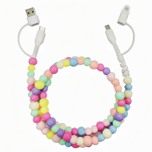 2026 New Beaded Charging Cord, 2 in 1 Bead Charger Cord, Colorful/Metallic/Pearl Dazzle Bead Phone Charge Cable, 3.3ft USB Cable Type C for iPhone (Color)