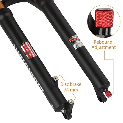 LANXUANR 26/27,5/29 Zoll Mountainbike Gabel. Rückpralleinstellung. Gerade Gabelschaft/Konisches Gabelschaft Luftfederung, 100 mm Federweg, 9 mm Achse, Scheibenbremsen