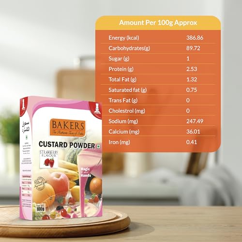 Image of BAKERS Custard Powder | Strawberry Flavor | (100g x 6, 600g) | Contains No Eggs | Long Shelf Life | Makes Smooth, Creamy, Testy & Juicy Custard | Quick & Easy to Make |Best For Fruit Salads & Puddings