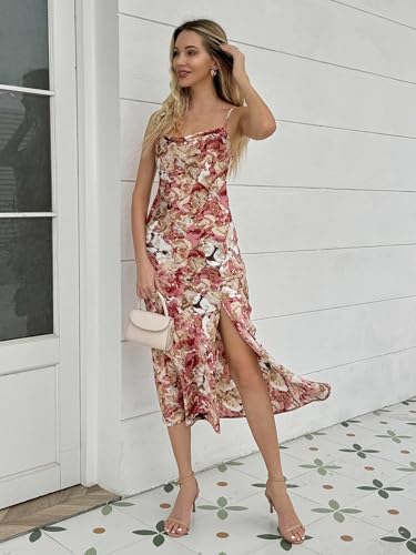 Image of Wedding Guest Dress for Women Spaghetti Strap Satin Slip Dresses | Slit Midi Dress, Cowl Neck, Cocktail, Formal, Evening Party