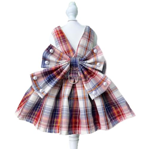 ISUPY 可愛い ペット服 ドレス 春夏用 犬服 ワンピース 洋服 ドッグウェア ペットウェア ハーネス チェック柄 蝶結び 小中型犬 人気 ファッション ベスト 猫服 通気性 脱毛保護 日焼き防ぐ 虫除け お散歩 記念撮影 (L,レッド&ブルー)