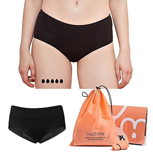 YooTime Sport Period Panties, Cotton Period Underwear for Women Teen Girls Heavy Flow, Nightwear Hipster Panties with Storage Bag Black/1Pack/S