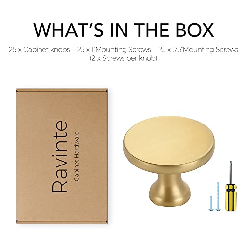 Image of Ravinte 25 Pack Solid Metal Knobs Dresser Drawer Knobs Gold Cabinet Hardware Round Cabinet Door Knobs Drawer Knobs Kitchen Cabinet Knobs Brushed Brass Drawer Pulls
