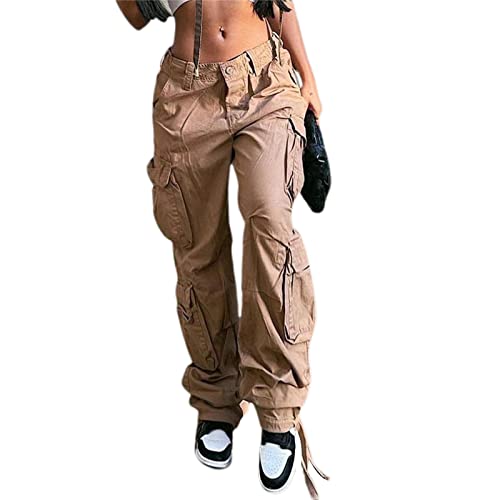 Women Y2K Baggy Jeans High Waist Wide Leg Denim Jeans Loose Harajuku Cargo Denim E-Girl Punk Streetwear Pants (S, Khaki Cargo)