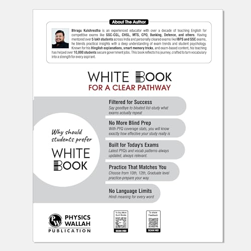 Image of PW White Book of English Vocabulary June 2025 Edition By Bhragu Sir For SSC CGL, CHSL, MTS, CPO, GD, Banking, Defence, Teaching & Other Competitive Exams (Bilingual) [Paperback] Bhragu Kulshrestha