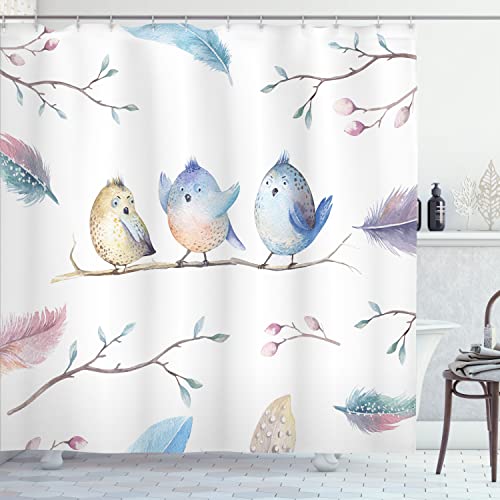 Ambesonne Animal Shower Curtain, Hand Drawn Birds Sitting on Branch Cartoon in Boho Style Watercolors Leaves Feathers, Cloth Fabric Bathroom Decor Set with Hooks, 69' W x 70' L, Blue White