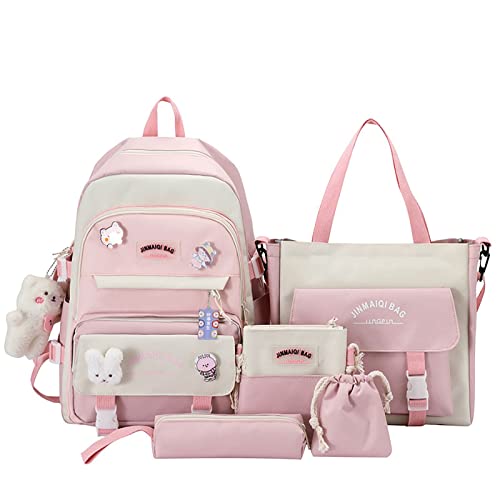Kawaii Backpack 5Pcs Set for Student with Cute Bear Accessories - School Bags for Teen Girls Back to School Supplies