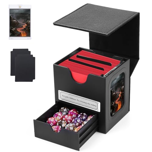 MAKHISTORY Patented MTG Commander DekBox 100+ Double Sleeved Card Storage Box with Dice Tray 35pt Card Holder & 2 Dividers - Magnetic Deck Case for TCG/CCG/Magic/Sports Cards Black