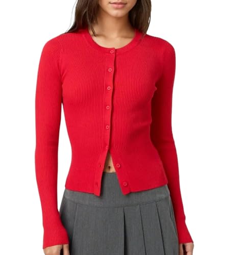 Image of Cioatin Women Long Sleeve Button Up Ribbed Knit Crop Cardigan Y2K Slim Fit Round Neck Sweater Tshirt Fall Going Out Tops