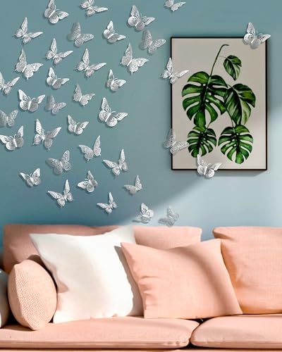 Image of 72Pcs 3D Butterfly Wall Decor,Silver Butterfly Decorations, 4 Styles 3 Sizes Removable Butterflies Wall Stickers Kids Bedroom Cake Nursery Room Decor