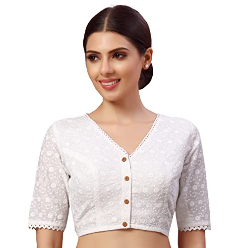 Image of Studio Shringaar Women's Readymade Natural Cotton Elbow Length Sleeves Chikankari Saree Blouse