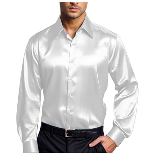 Modeewel Camicia di lusso in raso da uomo, slim fit, per feste, costume da discoteca, stile retrò, senza stiratura, per matrimonio, in seta lucida, a maniche lunghe, da pescatore, bianco, M