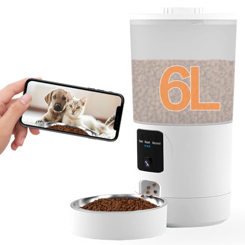 Alimentatore automatico per gatti con fotocamera 2K e app intelligente, dispenser intelligente di cibo per animali domestici da 6 litri per gatti/cani, controllo automatico dei pasti a tempo, WiFi