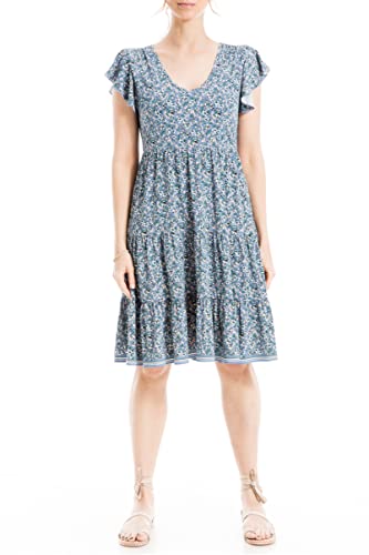 Max Studio Women's Flutter Sleeve Short Tiered Dress, Denim Magnolia  Cluster, Large at Amazon Women's Clothing store