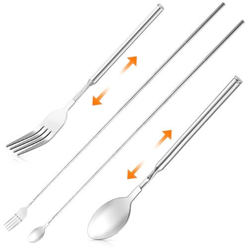 Nogeqi 2 Stück Ausziehbare Gabel Löffel, Teleskopgabel Lange Teleskop Löffel Gabel 20,5-65 cm Edelstahl Teleskopgabel Teleskoplöffel Ausziehbares...
