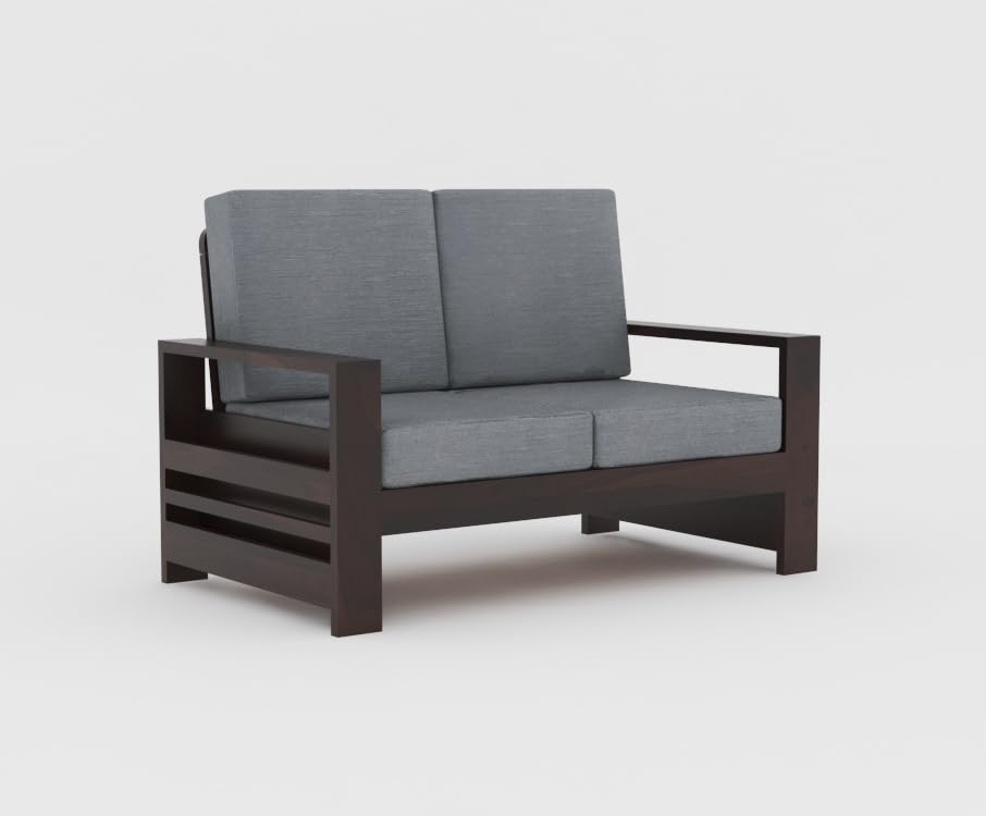 Image of Sheesham Wooden 2 Seater Sofa for Living Room | Rosewood 2 Seater Cushion Sofa with Side Rack| Solid Wood Sofa Set for Lounge (2 Seater,Walnut Finish)
