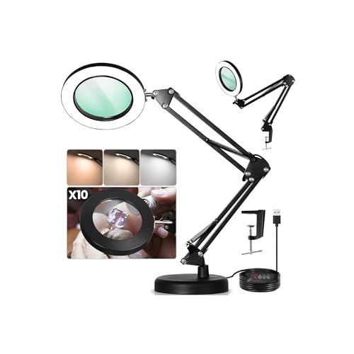 QENLAI 10X Lighted Magnifying Glass Lamp with Stand, 4.3