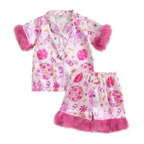 Hekkomird Toddler Girl Summer Pajamas Set Bow Print Lapel Short Sleeve Button Down Shirt Elastic Shorts Kids Pjs Sleepwear (Pink Birthday Feather Trim 4-5 Years)