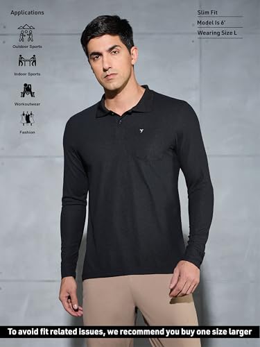 Image of TECHNOSPORT Men Polyester Slim Fit Polo Neck Full Sleeve Matpiq T-Shirt with Patch Pocket for Regular Use