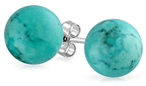 Minimalist Simple Plain Gemstone Blue Stabilized Turquoise Round Ball Stud Earrings For Women .925 Sterling Silver 8 Mm #TOP6