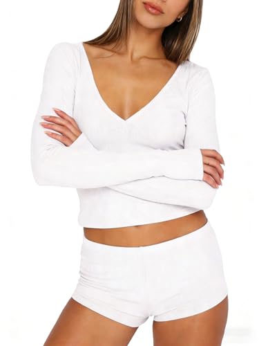 Image of Dressmine Sexy Pajamas Set for Women Spring Pj Lounge Sets 2 Piece Cute Sleepwear Long Sleeve V Neck Y2K Tops Shorts
