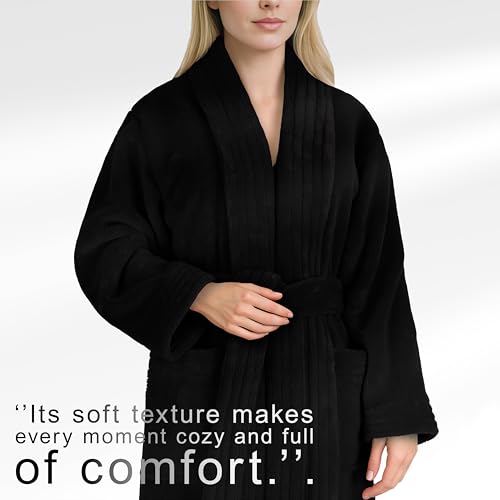 Image of American Soft Linen Women's Fleece Bathrobe - Luxury Soft, Plush, Fuzzy & Warm Turkish Robe for Women, Cozy Spa Quality Adult Bathroom Lounge Robe, Black L