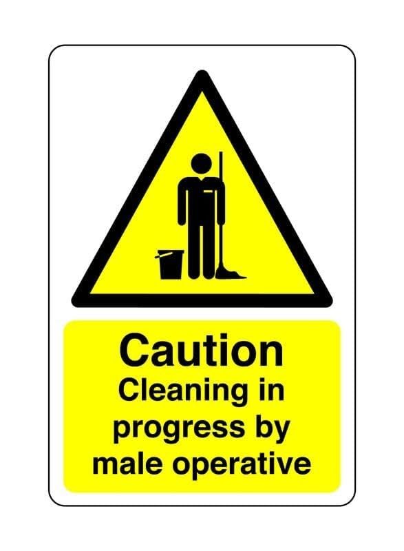 Caution cleaning in progress by male operative sign - 1.2mm Rigid plastic for indoor/outdoor usage (200mm x 150mm) Viewing Distance within 5m.