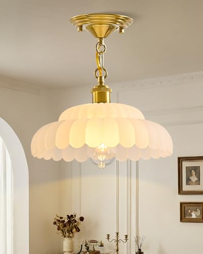 Rjieoc Frosted Glass Pendant Light, Vintage Brass Hanging Ceiling Light Fixture, Fluted Pendant Lamp, Adjustable & Sloped Ceiling Compatible for Kitchen Island Dining Room