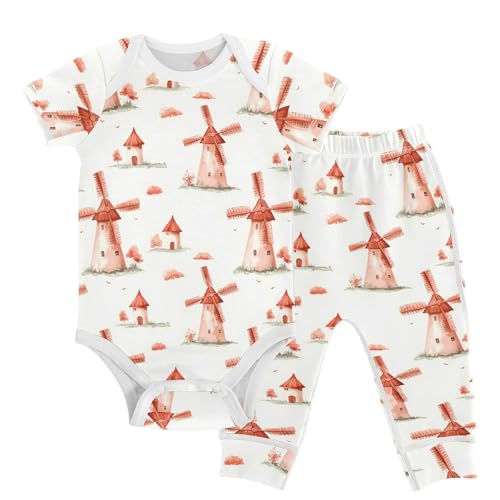 vvfelixl Cartoon Red Windmill Baby Layette Sets,Baby Bodysuits Set Unisex Short Sleeve Babys Pants Sets 9-12M