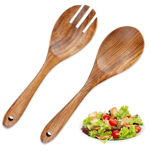 EASONGEE Wooden Salad Spoon and Fork Set, 2pcs Wood Salad Servers, 10.2 inch Salad Mixing Dinner Fork and Spoon, Long Handle Salad Server Set, Wooden Utensils for Serving Salad, Making a Salad